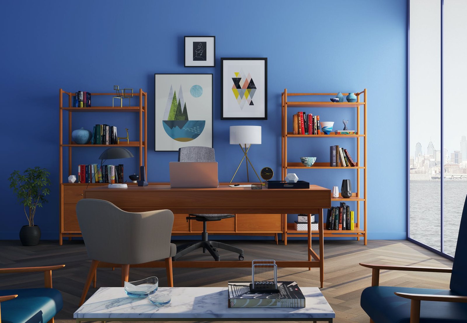 brown wooden desk Style with rolling chair and shelves near window